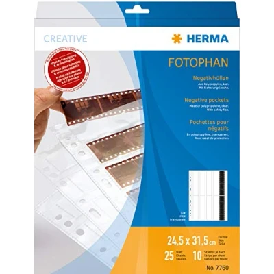 Abbildung von HERMA 7760 Negativhüllen 35mm für Ordner, 25 Stück je 10 Kleinbild Streifen à 4 Bilder, Negativarchivierungshüllen Kleinbildnegative mit Eurolochung und Sicherheitslasche, transparent