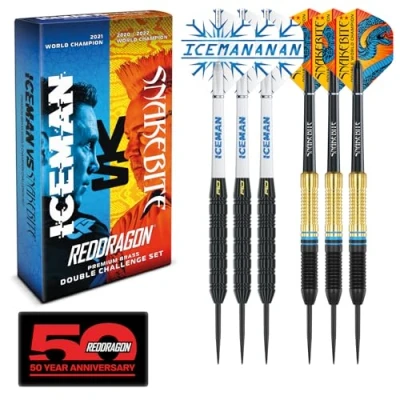 Abbildung von RED DRAGON Peter Wright &#039;Snakebite&#039; v Gerwyn Price &#039;Iceman&#039; DWC Steel Tip Dartset aus Messing mit Flights und Schäften