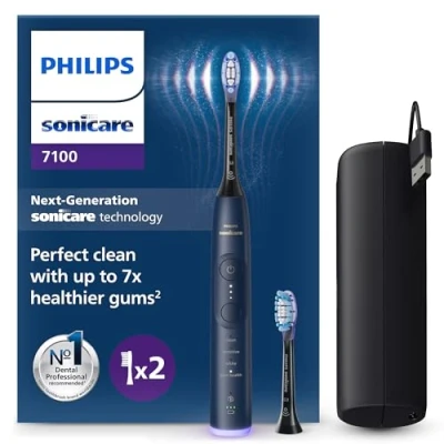 Abbildung von Philips Sonicare 7100 elektrische Zahnbürste, Schallzahnbürste mit App, 4 Putzmodi und 3 Intensitätsstufen, Andruckkontrolle, EasyStart, SmarTimer BrushPacer, Marineblau, Modell HX7423/01