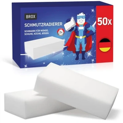 Abbildung von BROX® Schmutzradierer Schwamm 50x Radierschwamm für weiße Wände, Schuhe und Böden Robuster Zauberschwamm Magic Eraser alle Arten von Flecken (50 Stück)