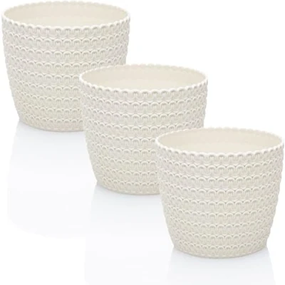 Abbildung von idea station RIBA Blumentopf Set 3 x 14 cm Creme weiß bruchsichere Blumentöpfe aus Plastik für verschiedenste Pflanzen, Blumen Matte Übertöpfe innen und außen