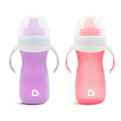 Abbildung von Munchkin Trinklernbecher, Trinkhalmflaschen für Babys und Kleinkinder, mit Griffen Deckel, BPA frei, spülmaschinenfest &amp; auslaufsicher 296 ml, 2er Set in lila/pink