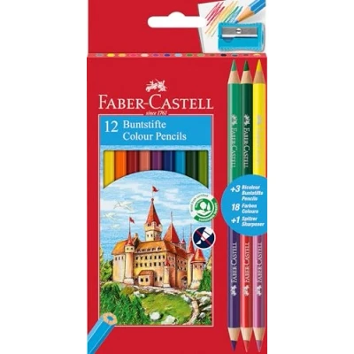 Abbildung von Faber Castell 110312 Buntstifte Set für Kinder und Erwachsene, 15 teilig, bruchsicher, inkl. 3 Bicolour 1 Spitzer