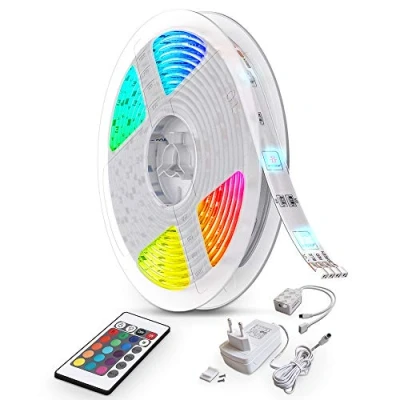 Abbildung von B.K.Licht LED Strip 10m mit Fernbedienung, buntes RGB Licht, dimmbar, selbstklebend, Streifen, Leiste, Zimmer Deko, Gaming Band, Lichtleiste, Lichtband, 1000x1x0,25 cm, Weiß