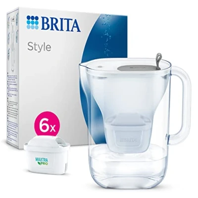 Abbildung von BRITA Wasserfilter Kanne Style hellgrau (2,4l) inkl. 6X MAXTRA PRO All in 1 Kartusche im modernen Design für den Kühlschrank zur Reduzierung von Kalk, Chlor, Metalle wie Blei &amp; Kupfer