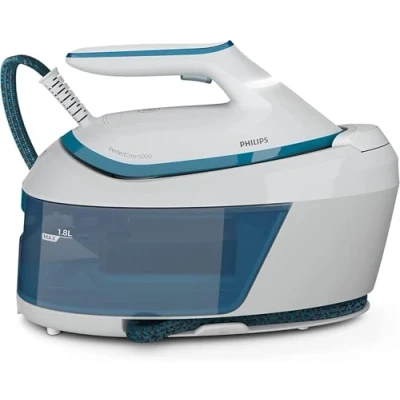 Abbildung von Philips PerfectCare Dampfgenerator der 6000er Serie 2400 W, 500 g Dampfstoß, 6,5 Bar Druck, OptimalTEMP Technologie, 1,8 Liter Tank, Weiß/Blau (PSG6022/20)