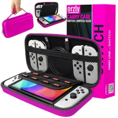 Abbildung von Orzly Tragetasche Kompatibel mit Nintendo Switch und New OLED Konsole Rosa schützende Hülle, Harte tragbare Reisetasche Taschen für Zubehör Spiele
