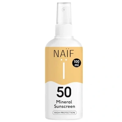 Abbildung von Naïf Sonnenschutzspray auf mineralischer Basis Für die ganze Familie LSF 50 Ohne Mikroplastik, Mineralöle oder Silikone Wasserresistent Dermatologisch Getestet Umweltfreundlich 100ML