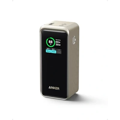 Abbildung von Anker Prime Powerbank, externer 20 000 mAh Akku mit 200 W Leistung, digitales Display, 2 USB C und 1 A Anschluss, kompatibel iPhone 14/13, Samsung, MacBook, Dell mehr (Gold)
