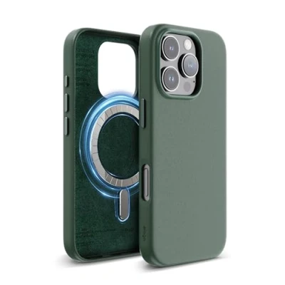 Abbildung von elago Magnetisch Leder Hülle Kompatibel mit iPhone 16 Pro 6,3 Zoll, Allen MagSafe Zubehör, Eingebaute Magnete, Veganes Leder, Stöße, Wasserfest (Nachtgrün)
