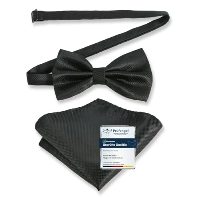 Abbildung von Massi Morino Fliege Schwarz mit Einstecktuch für Herren Set Anzug Herrenfliege zur Hochzeit Verstellbare Schleife in Black
