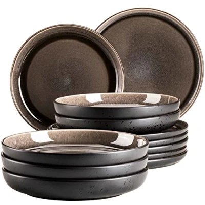 Abbildung von MÄSER 934021, Serie Niara, Modernes Teller Set für 6 Personen in aufregendem Vintage Look, 12 teiliges Tafelservice aus Keramik Grau und Schwarz, Steinzeug