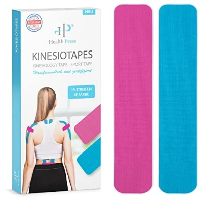 Abbildung von Health Press® Kinesiotapes 30 Kinesiologie Tape Streifen Precut Blau + Rosa (25cm x 5cm) Kinesiotape Profi Physio und Sporttape Hautfreundliche Tapes DERMATEST: SEHR GUT