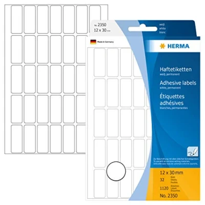 Abbildung von HERMA 2350 Vielzweck Etiketten, 1120 Stück, 12 x 30 mm, 35 pro Bogen, selbstklebend, Haushaltsetiketten zum Beschriften, matt, blanko Papier Klebeetiketten Aufkleber, weiß