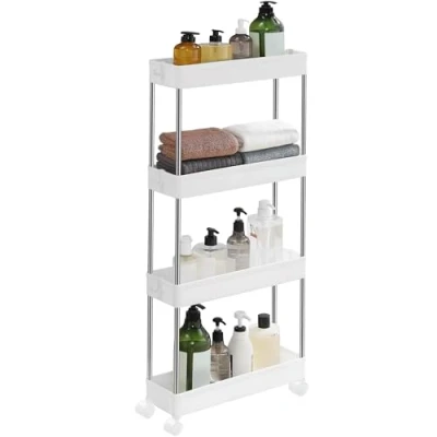 Abbildung von SONGMICS Rollwagen, Küchenwagen mit 4 Ebenen, Küchenregal, Nischenregal, 6 Haken, 360 drehbare Räder, arretierbar, Stahlgestell, Bad, Küche, Büro, weiß KSC08WT