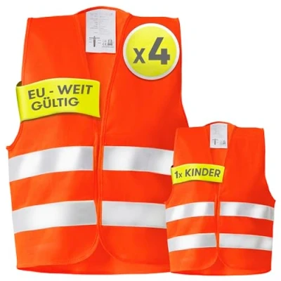 Abbildung von PURAHELP Warnwesten Auto 5er 4+1 Set Europaweit gültig nach EN ISO 20471 Reflektierende Warnweste inkl. Kinderweste Sicherheitsweste Orange Warnschutzweste Sicherheitswesten