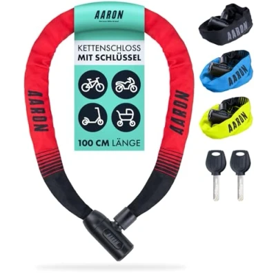 Abbildung von AARON Lock One Fahrradschloss mit Schlüssel, Kettenschloss aus Stahl und hoher Sicherheitsstufe Schloss für E Bike, Mountainbike, Trekkingrad, Tourenrad, Rennrad in rot