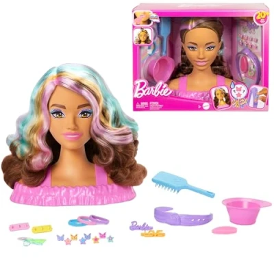 Abbildung von Barbie Puppe Styling Kopf, dunkelbraunes Haar mit mehr als 20 Zubehörteilen inklusive Stern, Schmetterling und Haarclips Farbwechsel, JFG82
