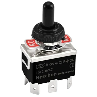 Abbildung von Heschen Metall Kippschalter, C523A, DPDT, Dauerlicht, EIN/AUS/EIN 3 Positionen, 15A 250VAC, 6 Flachstecker, CE, mit wasserdichter Kappe (1)
