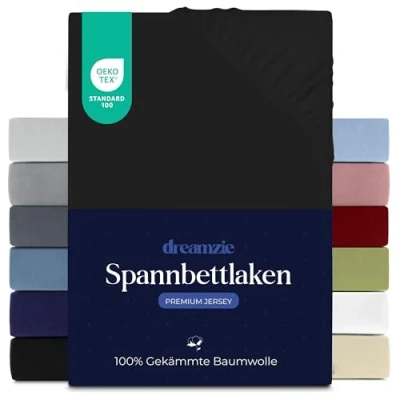Abbildung von Dreamzie Premium Spannbettlaken 80x200 cm, Spannbetttuch für Dicke Matratzen bis zu 12 Bettlaken 100% Jersey Baumwolle, 150 g/m², Oeko TEX Zertifiziert Schwarz