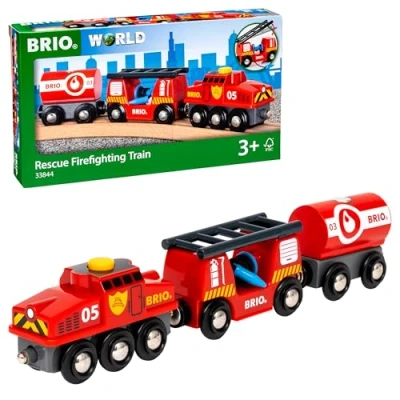 Abbildung von BRIO World 33844 Feuerwehr Löschzug Feuerwehrzug mit Feuerwehrschlauch und Wassertank Kleinkindspielzeug empfohlen ab 3 Jahren