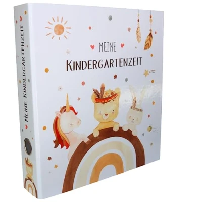 Abbildung von OLGS Meine Kindergartenzeit Boho Ordner für Kinder, Kita Erinnerungsordner, Kindergartenordner Tiere, Sammelordner, Kindergarten, Ringordner DIN A4 Regenbogen Einhorn, Löwe, Hase