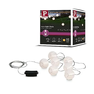 Abbildung von Paulmann 94166 LED Akkuleuchte Outdoor Lichterkette 7er Mobile Lampion incl. 7x0,02 Watt IP44 Mobiles Licht Weiß Akkulampe Kunststoff Kabellos 3000 K