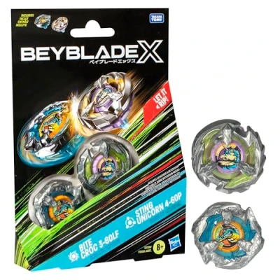 Abbildung von Hasbro Beyblade X Bite Croc 3 60LF und Sting Unicorn 4 60P Kreisel Dual Pack, Set