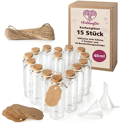 Abbildung von WeddingTree 15x Mini Glasflaschen mit Korken 40ml Kleine zum Befüllen Reagenzglas Glas für Hochzeit Gewürzgläser klein Gläser als Gastgeschenke