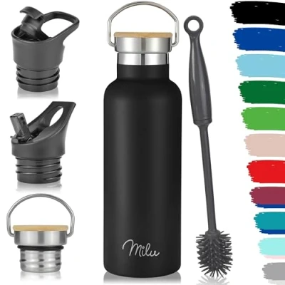 Abbildung von Milu Edelstahl Trinkflasche 500ml, 750ml, 1000ml (+3 Deckel) Thermosflasche mit Strohhalm, Isolierte Wasserflasche, Auslaufsichere Isolierflasche doppelwandig, Kohlensäure geeignet (Schwarz, 500ml)
