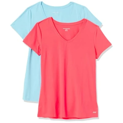 Abbildung von Amazon Essentials Damen Tech Stretch T Shirt mit kurzen Ärmeln und V Ausschnitt (erhältlich in Übergröße), 2er Pack, Blau/Neonrosa, XS