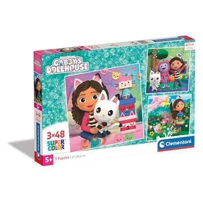 Abbildung von Clementoni Supercolor Gabbys Dollshouse Puzzle 3 x 48 Teile für Kinder ab 5 Jahren buntes Kinderpuzzle mit besonderer Leuchtkraft &amp; Farbintensität 25295