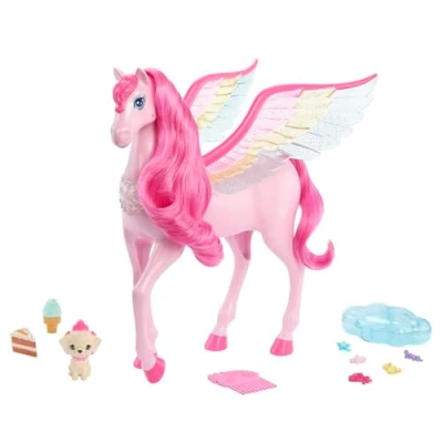 Abbildung von Barbie Ein Verborgener Zauber Pegasus Interaktives Spielzeug mit Lichtern und Geräuschen, 10 Zubehörteile, Regenbogenflügel, für Kinder ab 3 Jahren, HLC41