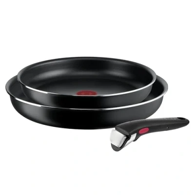Abbildung von Tefal Ingenio Easy On Bratpfannen Set, stapelbar, leicht zu reinigen, Antihaftbeschichtung, abnehmbarer Griff, Hitzeanzeige, L1599302, schwarz, 3 teiliges Set
