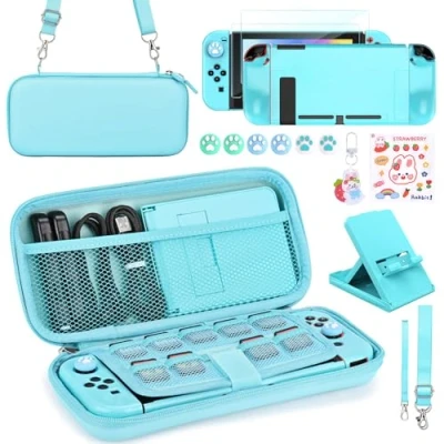 Abbildung von Younik Switch Zubehör Bundle, 17 in 1 Kit für Mädchen Enthalten Tasche, Verstellbarer Ständer, Schutzhülle Konsole &amp; J Con(Blau)