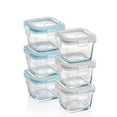 Abbildung von Grizzly Mini Glas Frischhaltedosen, Set 6x 160 ml, luftdicht, quadratisch, Click Verschluss, Idealer Behälter für Babybrei, Beikost und Dips