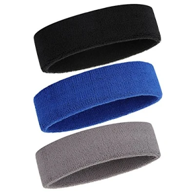 Abbildung von ONUPGO Schweißband Stirnband für Männer &amp; Frauen 3PCS Sports Stirnbänder Feuchtigkeitstransport Athletic Cotton Terry Cloth Schweißabsorbierende Kopfband (Black/Grey/Blue)