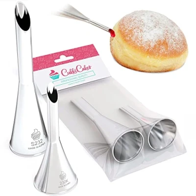 Abbildung von CukkiCakes 2er Set Spritztüllen zum Füllen von Krapfen (Berliner) (6 und 8mm Öffnung) Tüllen kompatibel mit Spritzbeutel Krapfentülle für marmelade Bäckerspritze (Made in Korea)