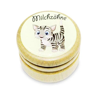 Abbildung von GICO Milchzahndose, Zahndose Milchzähne Bilderdose mit diversen Motiven aus Holz für Jungen und Mädchen Drehverschluss 44 mm (Katze)