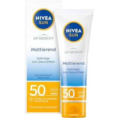 Abbildung von NIVEA SUN UV Gesicht Mattierender Sonnenschutz LSF 50 (50 ml), nicht fettende Sonnencreme für das Gesicht, sofort wirksame Sonnenmilch mit leichter Textur