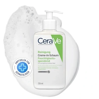Abbildung von CeraVe Creme zu Schaum Reinigung, Feuchtigkeitsspendende Reinigungscreme, Für normale bis trockene Haut, Entfernt Schmutz und Make up, Mit Hyaluron Ceramiden, 236 ml