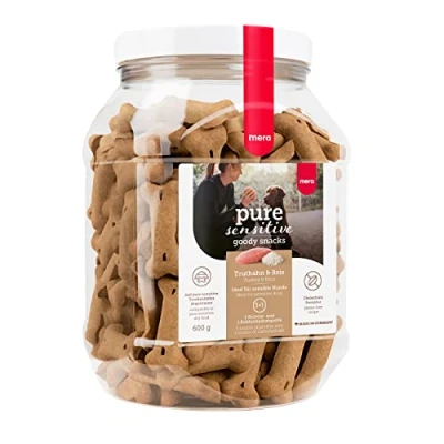 Abbildung von MERA pure sensitive Goody Snack, gesunde Leckerlis für sensible Hunde, Hundeleckerli aus Truthahn und Reis, Hundesnack glutenfrei zum Training (600 g)
