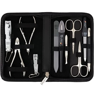 Abbildung von DREI SCHWERTER Germany 11 tlg. &#039;Spezia&#039; Maniküreset Nagel Set Etui in Echt Leder schwarz Inhalt: Hautschere, Nagelschere, Nagelzange, Nagelknipser, Hautzange, Pinzette, Glasnagelfeile uvm