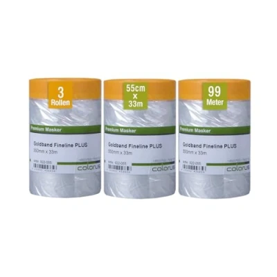Abbildung von Colorus 3 x Goldband Abdeckfolie mit Klebeband 55m 33m (99m) Malerband Abklebeband Folie, Innen u. Außen Folie zum Fenster abkleben
