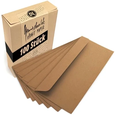 Abbildung von Japun Briefumschläge (100 Stück) aus vintage Kraftpapier, Kuvert, Umschlag ohne Fenster DIN lang 220 x 110 mm dunkelbraun
