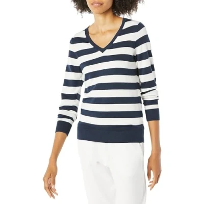 Abbildung von Amazon Essentials Damen Regular Fit Leichter Langarm Pullover V Ausschnitt (In Übergröße Erhältlich), Marineblau Weiß Rugby Streifen, S