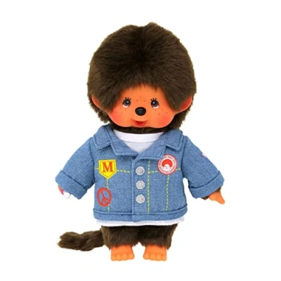 Abbildung von Bandai Monchhichi Plüschtier Jeansjacke Ikonisches Affenkuscheltier der 80er Jahre, Superweiches Kuscheltier 20 cm für Kinder Spielzeug ab 2 Jahren SE23396