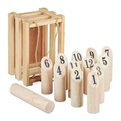 Abbildung von Relaxdays Kubb, mit Transportbox, finnisches Wurfspiel, Erwachsene &amp; Kinder, Wikinger Spiel, für draußen, Holz, Natur, 1 Stück