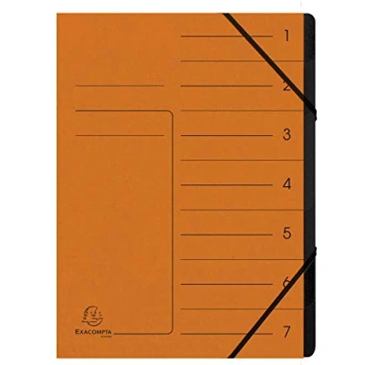 Abbildung von Exacompta 540704E Premium Ordnungsmappe geheftet. Aus extra starkem Colorspan Karton DIN A4 7 schwarze Fächer und 2 Gummizüge mit Organisationsdruck Ringmappe Register Mappe orange