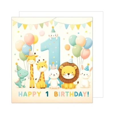 Abbildung von Edition Seidel Premium quadratische Geburtstagskarte zum 1.Geburtstag mit Umschlag. Glückwunschkarte Spruch Happy Birthday Billet Karte für Mädchen Junge Kind Tiere (GQ258 SW024)
